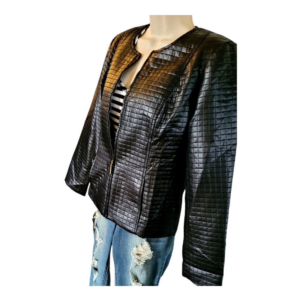 Quilted leather look lightweight 90s oversized black jacket size large - Picture 3 of 11